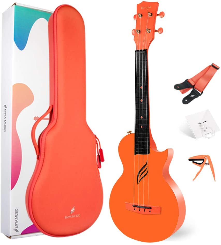 Enya NOVA U Concert 23” Ukulele - Orange - Carbon Fiber Travel Ukulele - With Beginner Kit includes Case, Picks (2 pcs), Strap, Strings, Capo and Polish Cloth