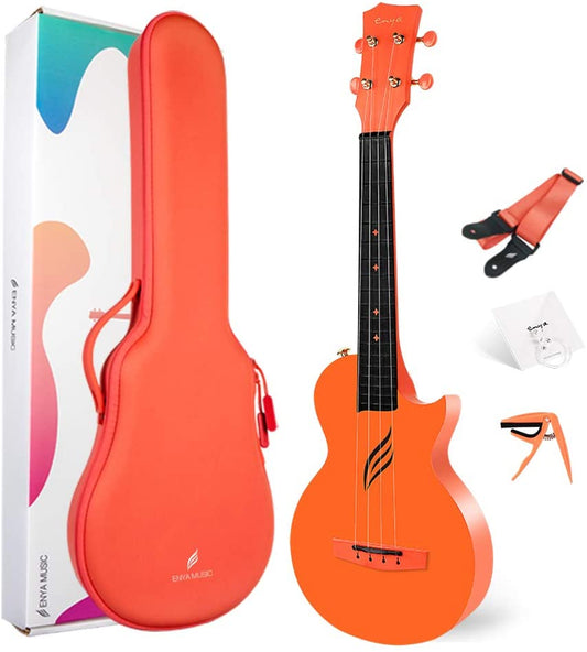 Enya NOVA U Concert 23” Ukulele - Orange - Carbon Fiber Travel Ukulele - With Beginner Kit includes Case, Picks (2 pcs), Strap, Strings, Capo and Polish Cloth