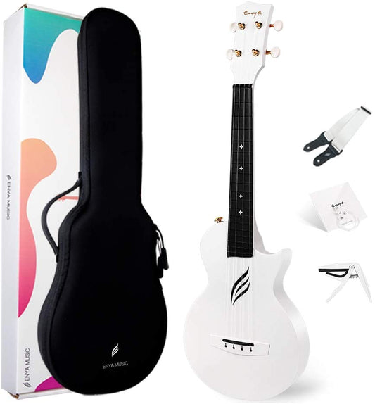 Enya NOVA U Concert 23” Ukulele - White - Carbon Fiber Travel Ukulele - With Beginner Kit includes Case, Picks (2 pcs), Strap, Strings, Capo and Polish Cloth