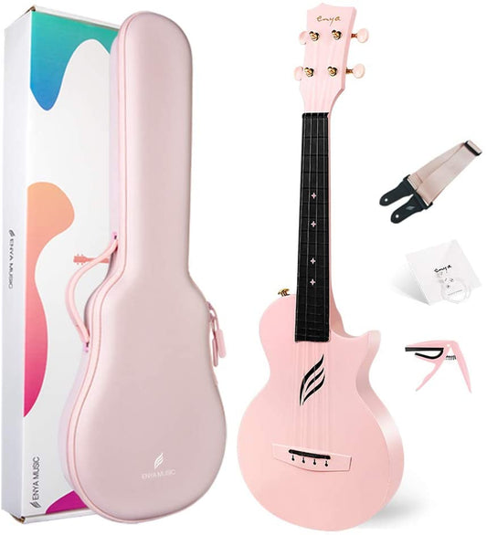 Enya NOVA U Concert 23” Ukulele - Pink - Carbon Fiber Travel Ukulele - With Beginner Kit includes Case, Picks (2 pcs), Strap, Strings, Capo and Polish Cloth