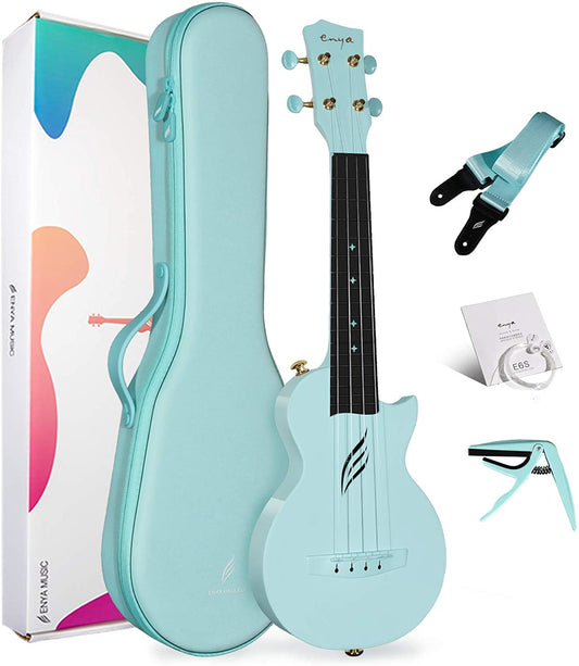 Enya NOVA U Concert 23” Ukulele - Blue - Carbon Fiber Travel Ukulele - With Beginner Kit includes Case, Picks (2 pcs), Strap, Strings, Capo and Polish Cloth