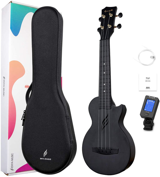 Enya NOVA U Concert 23” Ukulele - Black - Carbon Fiber Travel Ukulele - With Beginner Kit includes Case, Picks (2 pcs), Strap, Strings, Capo and Polish Cloth